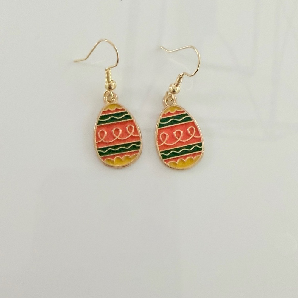 Gold-Tone Easter Egg Drop Earrings with Coral, Green & Yellow Enamel